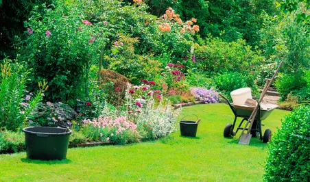 Gepflegter Garten mit Werkzeugen für die Gartenarbeit