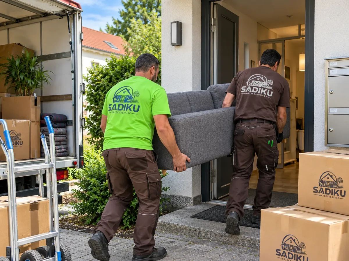 Mitarbeiter tragen gemeinsam ein Sofa bei einem Umzug